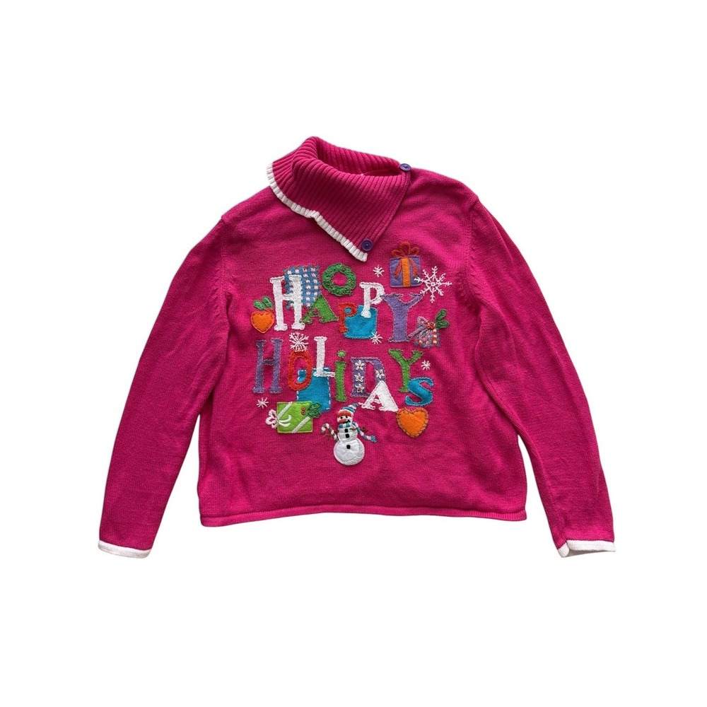 Vintage 90s Holiday Sweater Womens Large Pink Colorful Christmas Whimsical